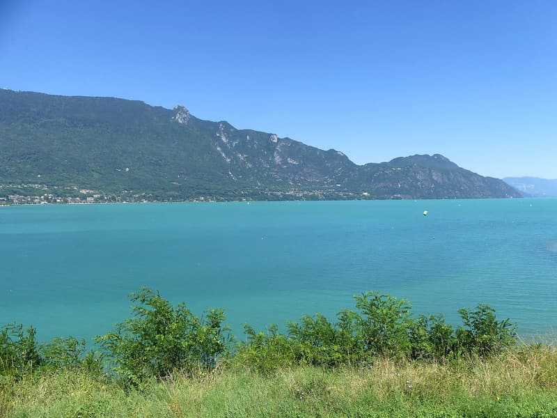 Le lac du Bourget turquoise devant la longue crête boisée du mont du Chat